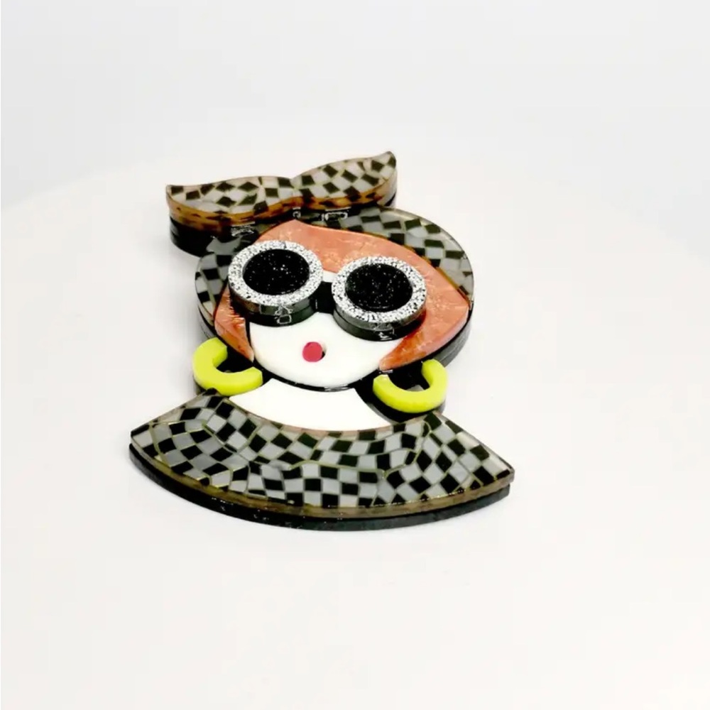 Black & White Checkered Girl Brooch - Picture 2 of 5
